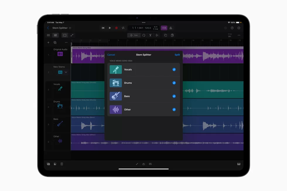 Stem Splitter trong Logic Pro cho iPad 2 hiển thị trên iPad Pro. 
