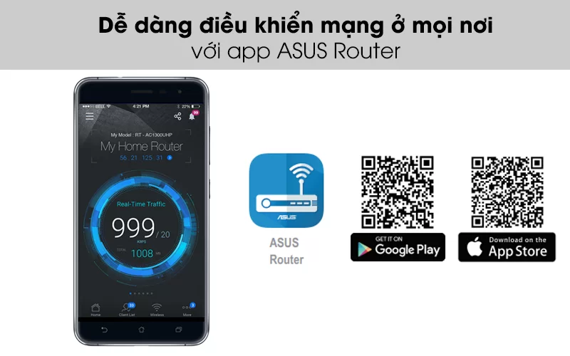 Dễ dàng điều khiển mạng ở mọi nơi với app ASUS Router - Bộ Phát Sóng Wifi Router Chuẩn AC1500UHP Băng Tần Kép Asus AC1500 Đen Dễ dàng điều khiển mạng ở mọi nơi với app ASUS Router - Bộ Phát Sóng Wifi Router Chuẩn AC1500UHP Băng Tần Kép Asus AC1500 Đen