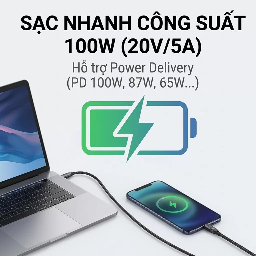 Cáp type C Thunderbolt 4 Ugreen 30389 hỗ trợ sạc tối đa lên đến 100W