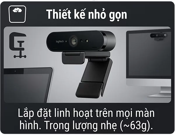 Webcam Logitech Brio 4k - Thiết nhỏ gọn, dễ gắn trên các thiết bị