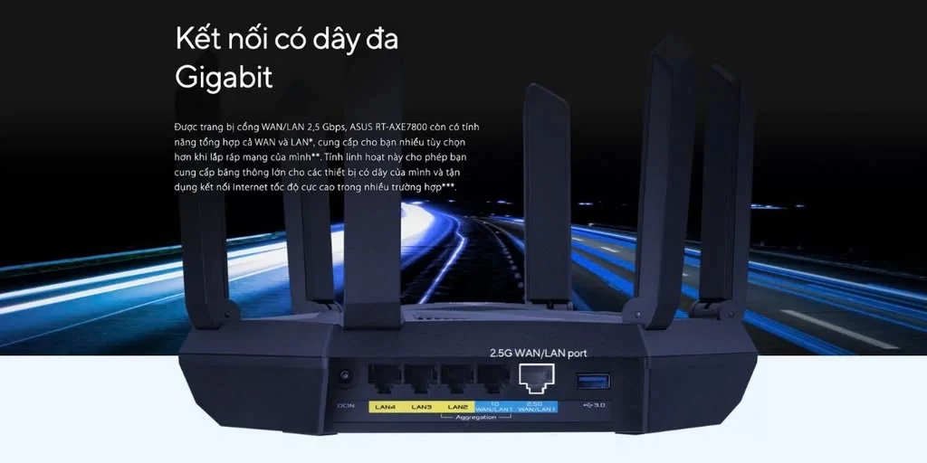 HTT - Bộ phát wifi 6 Asus RT-AXE7800 Tri-band (Chuẩn AX/ AXE7800Mbps/ 6 Ăng-ten ngoài/ Wifi Mesh/ Dưới 80 User)