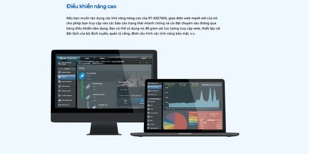 HTT - Bộ phát wifi 6 Asus RT-AXE7800 Tri-band (Chuẩn AX/ AXE7800Mbps/ 6 Ăng-ten ngoài/ Wifi Mesh/ Dưới 80 User)