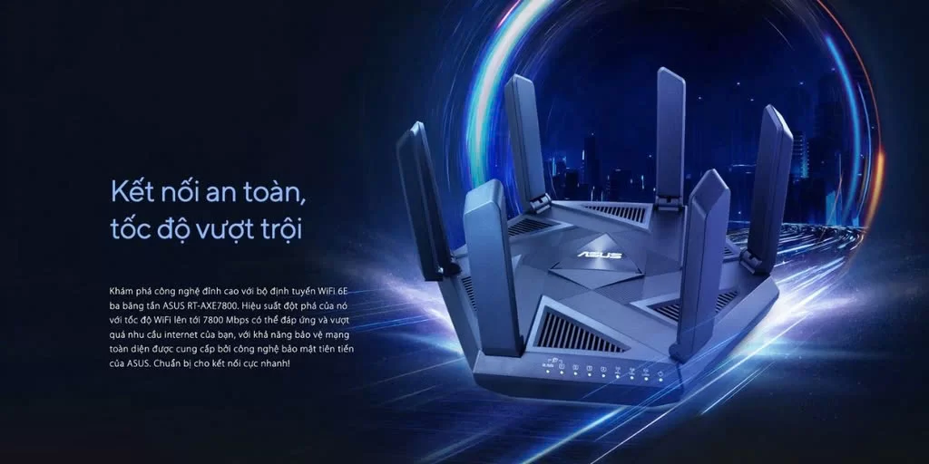 HTT - Bộ phát wifi 6 Asus RT-AXE7800 Tri-band (Chuẩn AX/ AXE7800Mbps/ 6 Ăng-ten ngoài/ Wifi Mesh/ Dưới 80 User)