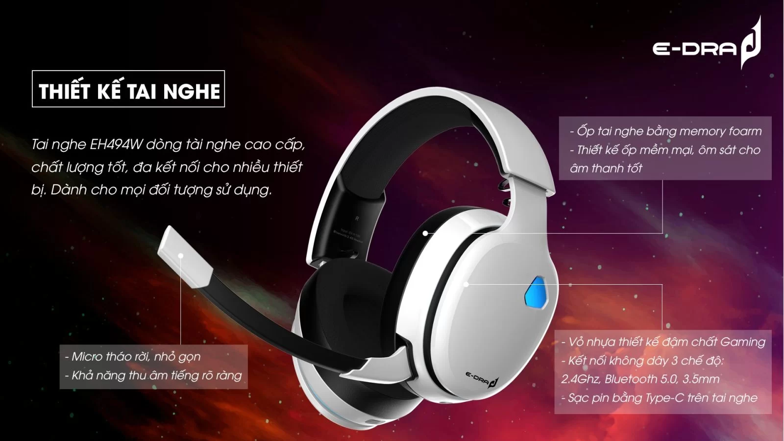 Hợp Thành Thịnh - Tai nghe không dây E-Dra EH494W White (Bluetooth, Wireless 2.4G)