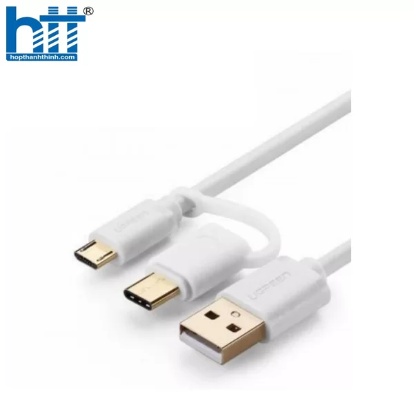 Ugreen 30380 1.5M màu trắng Cáp USB-A sang Micro USB + USB-C cao cấp US142 20030380