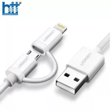 Ugreen 20876 1M màu Trắng Cáp sạc đa năng USB sang MicroUSB + Lightning US178 20020876
