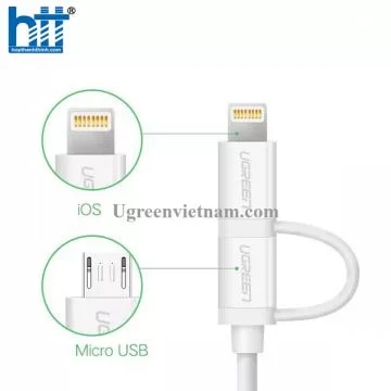 Ugreen 20876 1M màu Trắng Cáp sạc đa năng USB sang MicroUSB + Lightning US178 20020876