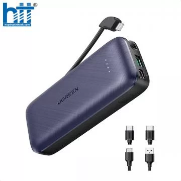 Ugreen 10398 10000mAh màu Xanh đen Sạc dự phòng + cáp sạc iPhone tích hợp kèm chip MFI PB172 20010398