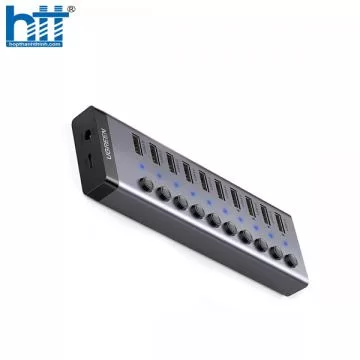 Bộ HUB chia 10 cổng USB 3.0 5Gbps vỏ nhôm, công tắc Ugreen 30779 (kèm nguồn 12V4A) cao cấp