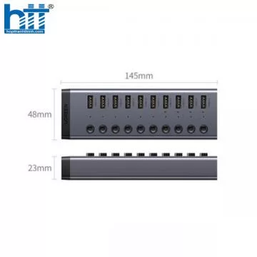 Bộ HUB chia 10 cổng USB 3.0 5Gbps vỏ nhôm, công tắc Ugreen 30779 (kèm nguồn 12V4A) cao cấp
