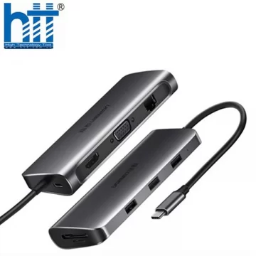 Bộ chuyển USB type C to 3xUSB3.0 4K-HDMI VGA RJ45 SD-TF PD hỗ trợ PD 3.0 CM179 Ugreen 70490 100W 9 trong 1 màu xám