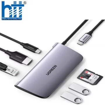 Bộ chuyển USB C 7 trong 1 Ugreen 50852, HDMI 4K + USB 3.0 + LAN 1Gbps + TF/SD + PD 100W