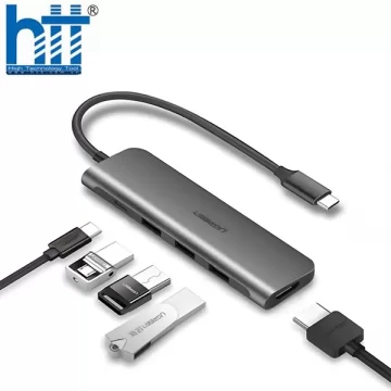 Bộ Chuyển USB C 6 in 1 UGREEN 80132 USB C to 3 USB 3.0+HDMI 4K + Audio 3.5mm hỗ trợ Mic + PD 100W