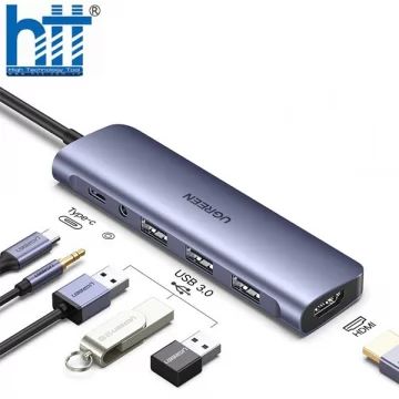 Bộ Chuyển USB C 6 in 1 UGREEN 80132 USB C to 3 USB 3.0+HDMI 4K + Audio 3.5mm hỗ trợ Mic + PD 100W