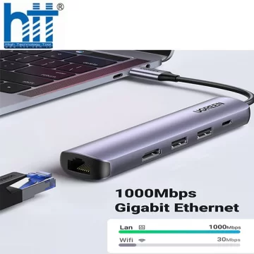 Bộ chuyển USB-C Ugreen 10919 HDMI 4K@60Hz + 2xUSB 3.0 + Lan 1Gbps + PD100W Cao cấp