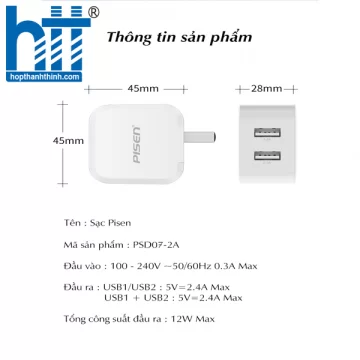 Cốc sạc Pisen FAST Dual USB 2.4A PSD07-2A