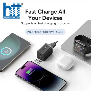 Cốc Sạc Nhanh Nhỏ Gọn OS-Baseus GaN5 Pro Fast Charger C+C 40W EU (Chân cắm tròn) CCGP180101
