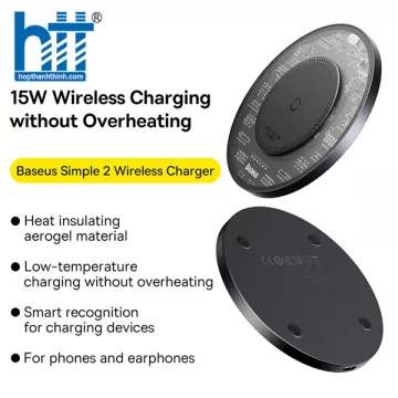 Đế Sạc Không Dây Baseus Simple 2 Wireless Charger 15W (Kèm cáp C to C 24W 1m) CCJJ050001