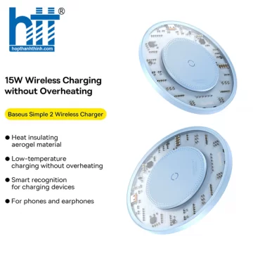 Đế Sạc Không Dây Baseus Simple 2 Wireless Charger 15W (Kèm cáp C to C 24W 1m) CCJJ050003