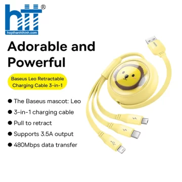 Cáp Sạc 3 Đầu Baseus Leo Retractable Charging Cable 3-in-1 USB to M+L+C 3.5A (1.1m) White