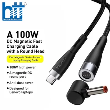 Cáp sạc nam châm 100W cho Laptop Baseus Zinc Magnetic Series Type C to DC Round Black