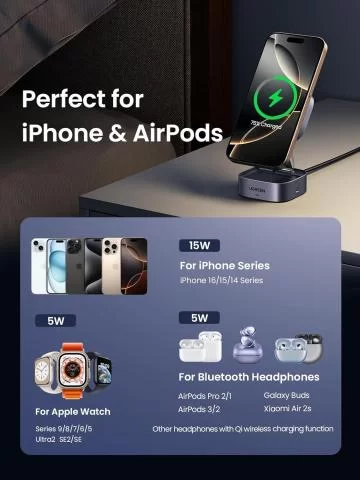Sạc cho điện thoại tai nghe đồng hồ  Qi 15W  USB-C PD Ugreen 35316 W702